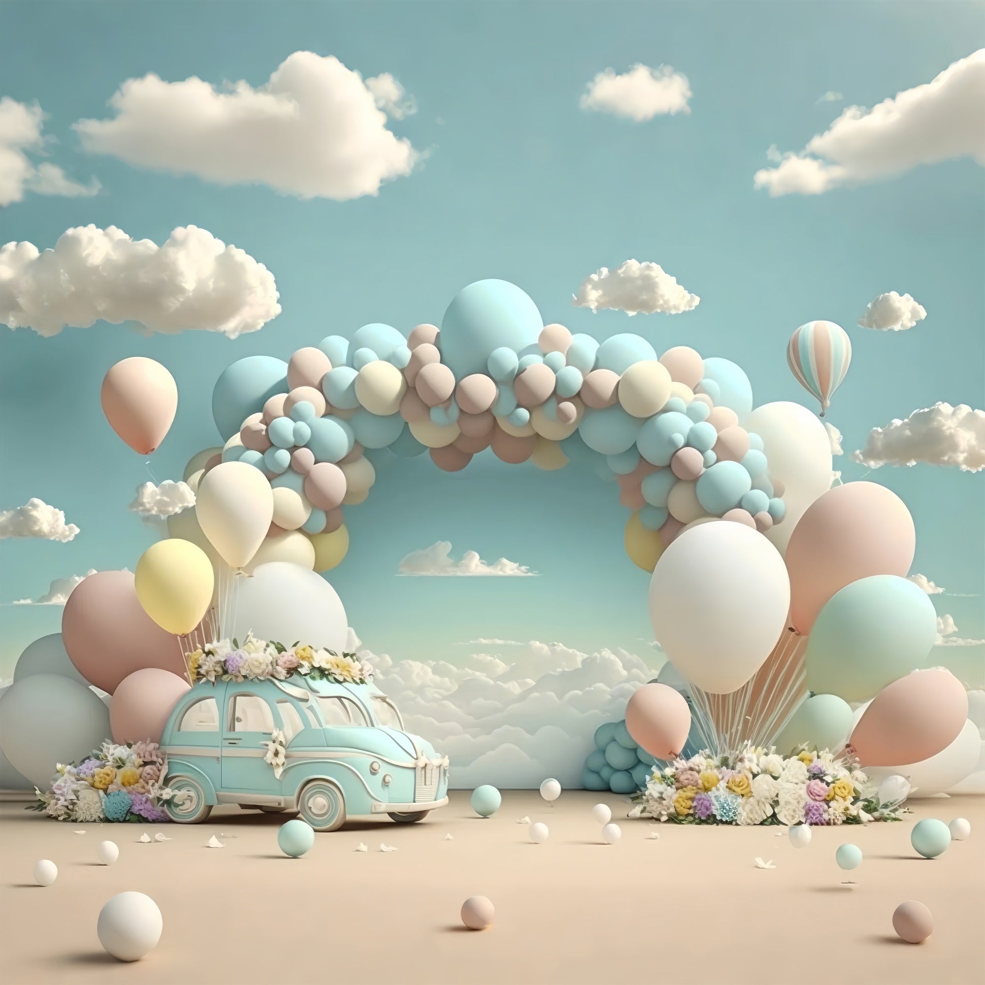 Backdrop For Birthday Vintage Car Balloon Cloud Backdrop UK BRP10-341