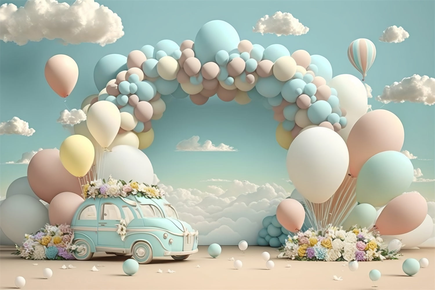 Backdrop For Birthday Vintage Car Balloon Cloud Backdrop UK BRP10-341