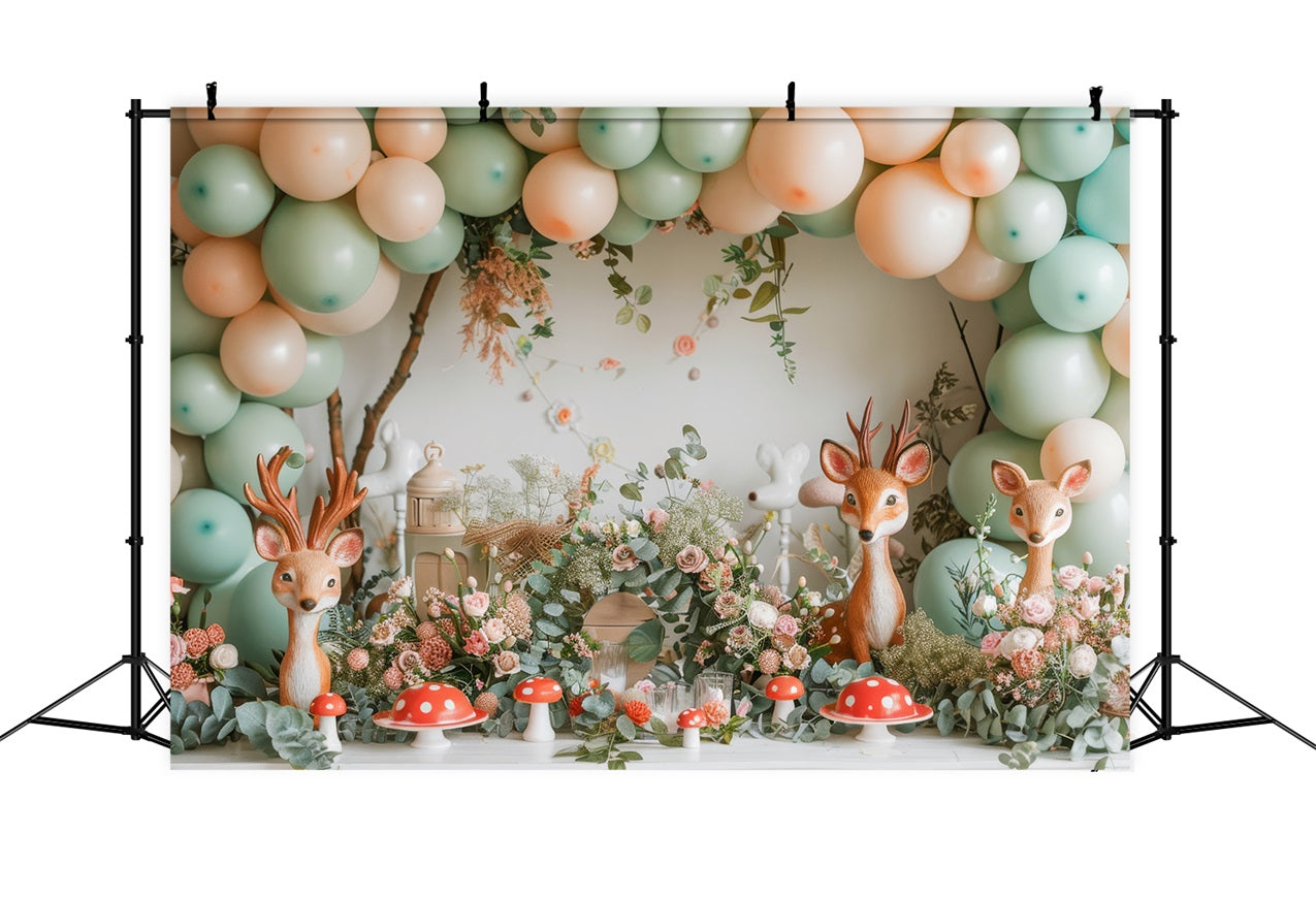 Backdrop Happy Birthday Deer Balloon Mushroom Backdrop UK BRP10-343