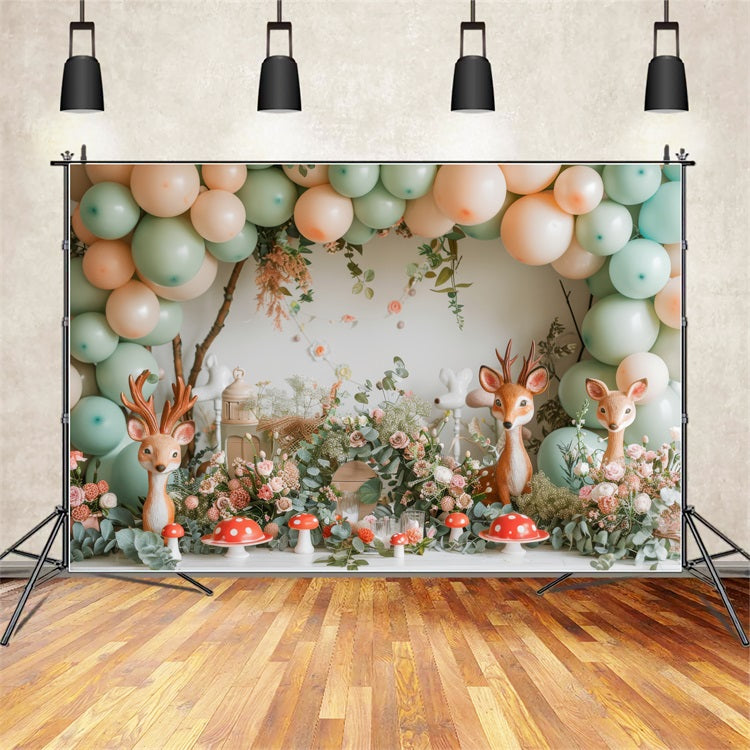 Backdrop Happy Birthday Deer Balloon Mushroom Backdrop UK BRP10-343