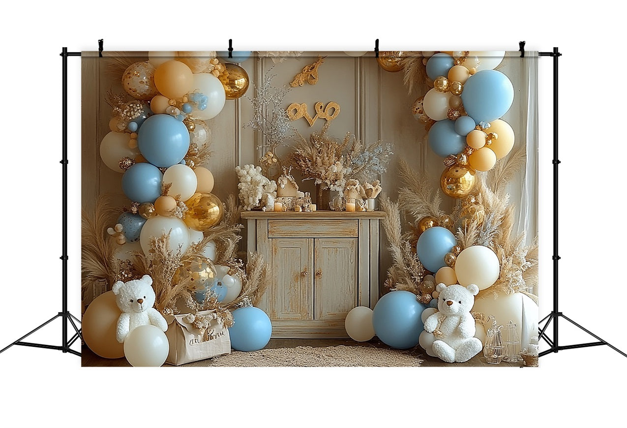 Happy Birthday Backdrop Balloons Pampas Teddy Backdrop UK BRP10-354