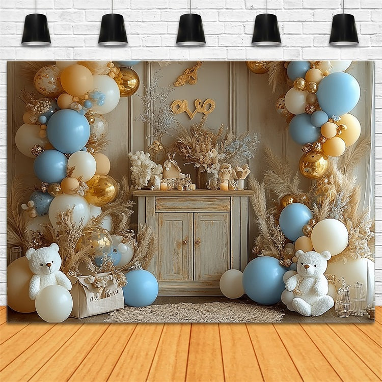 Happy Birthday Backdrop Balloons Pampas Teddy Backdrop UK BRP10-354