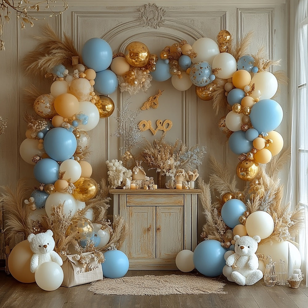 Happy Birthday Backdrop Balloons Pampas Teddy Backdrop UK BRP10-354