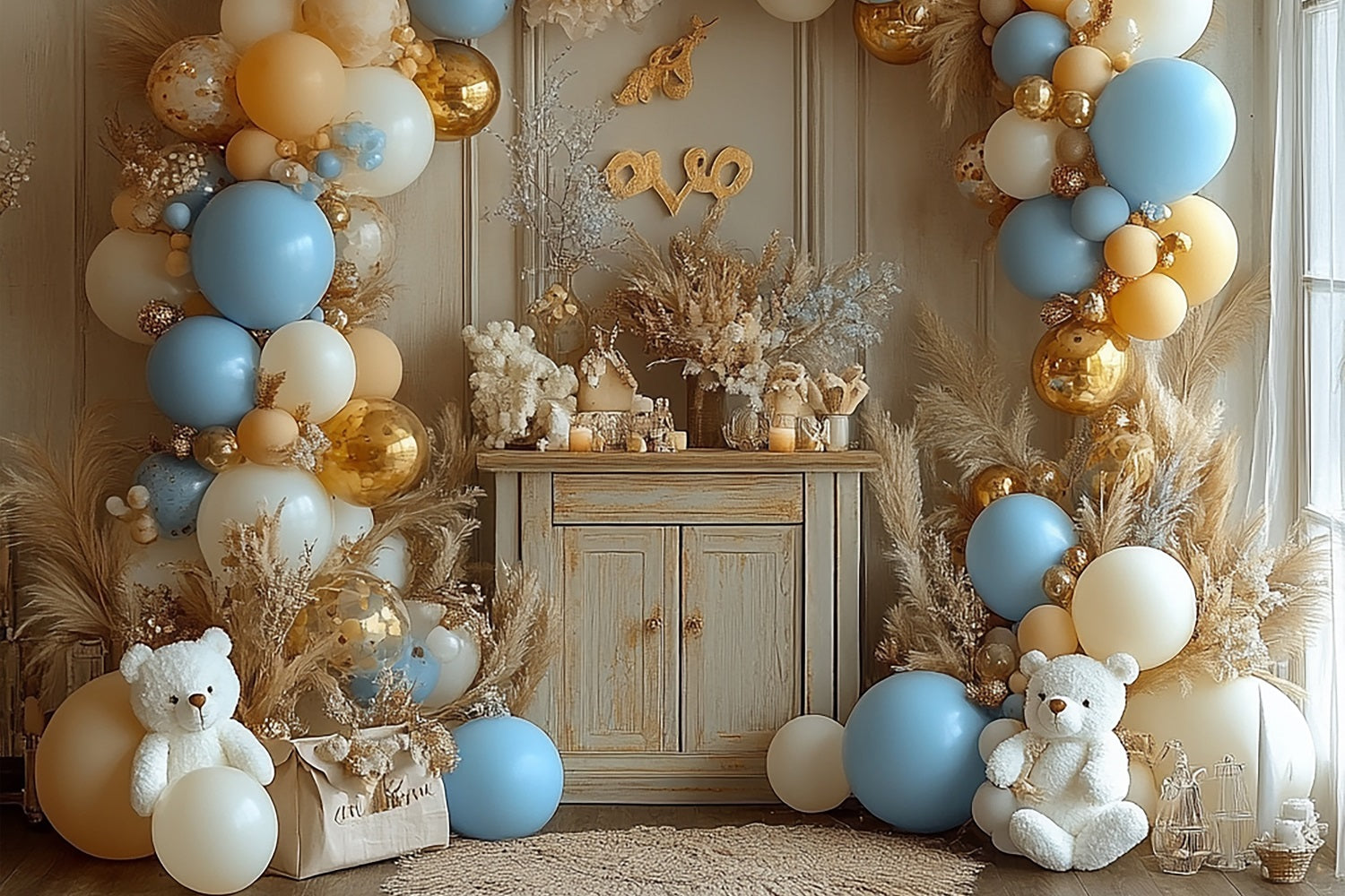 Happy Birthday Backdrop Balloons Pampas Teddy Backdrop UK BRP10-354