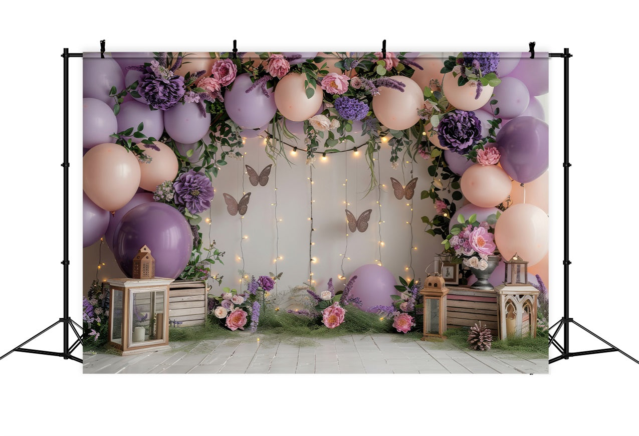 Happy Birthday Pink Background Balloons Butterfly Flowers Backdrop UK BRP10-355