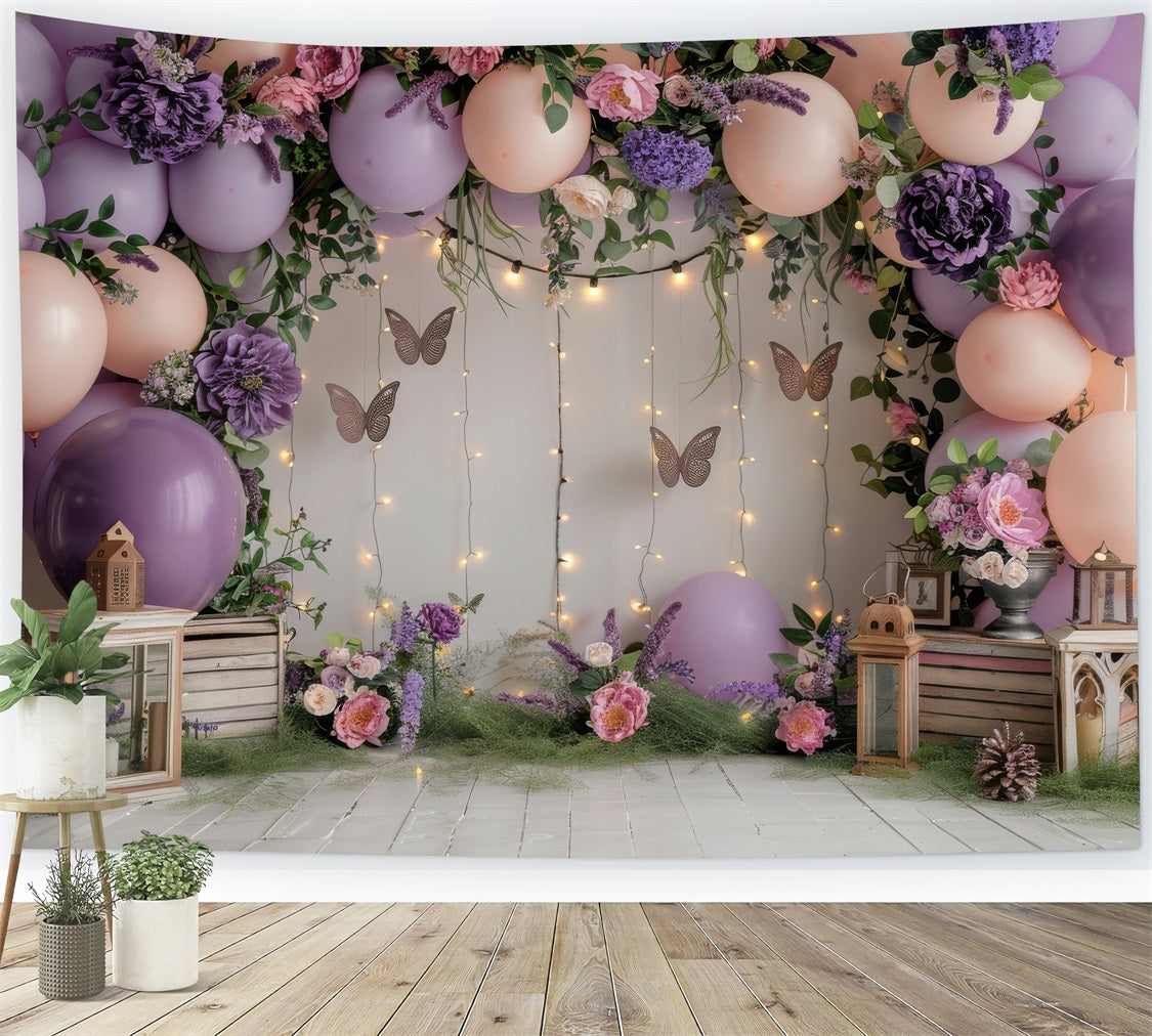 Happy Birthday Pink Background Balloons Butterfly Flowers Backdrop UK BRP10-355