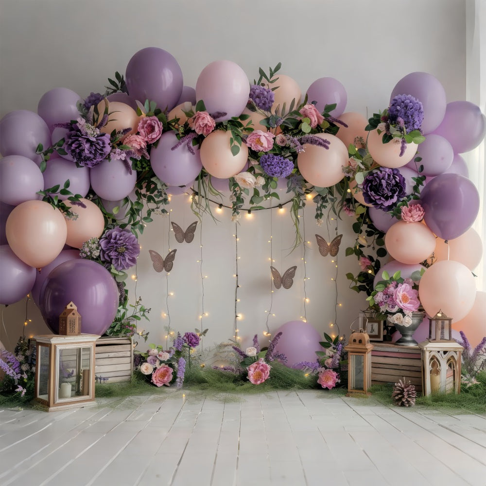 Happy Birthday Pink Background Balloons Butterfly Flowers Backdrop UK BRP10-355