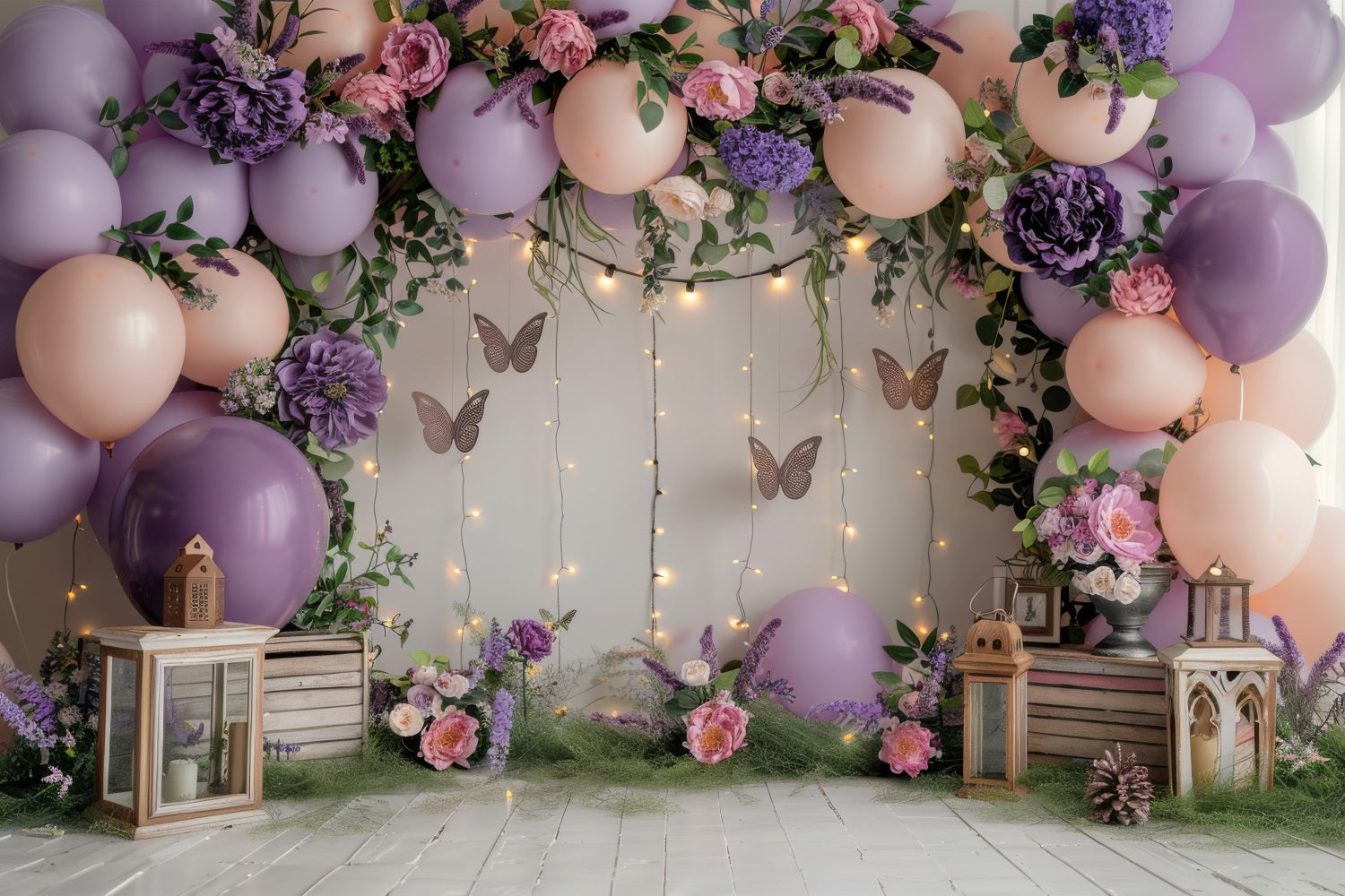 Happy Birthday Pink Background Balloons Butterfly Flowers Backdrop UK BRP10-355