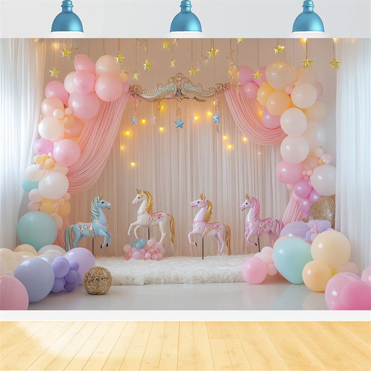 Birthday Background Design Unicorn Balloons Carousel Backdrop UK BRP10-357