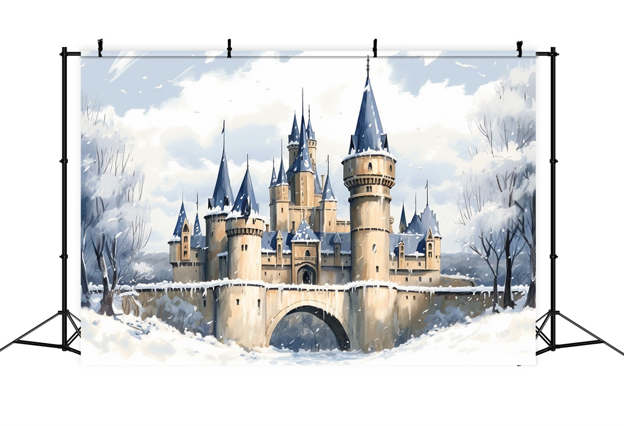 Winter Enchanted Castle Frosty Bridge Scenery Backdrop UK BRP10-36