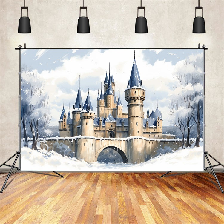 Winter Enchanted Castle Frosty Bridge Scenery Backdrop UK BRP10-36