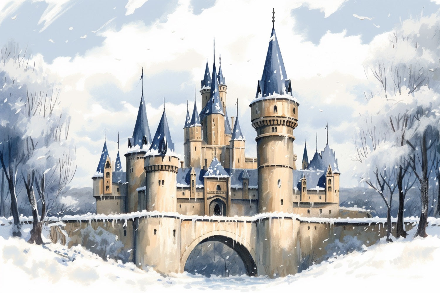 Winter Enchanted Castle Frosty Bridge Scenery Backdrop UK BRP10-36