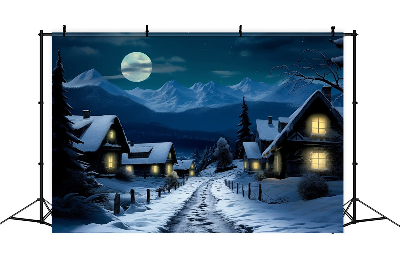 Winter Snow-Covered Village Full Moon Backdrop UK BRP10-38