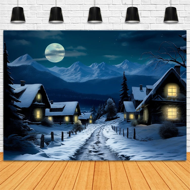 Winter Snow-Covered Village Full Moon Backdrop UK BRP10-38