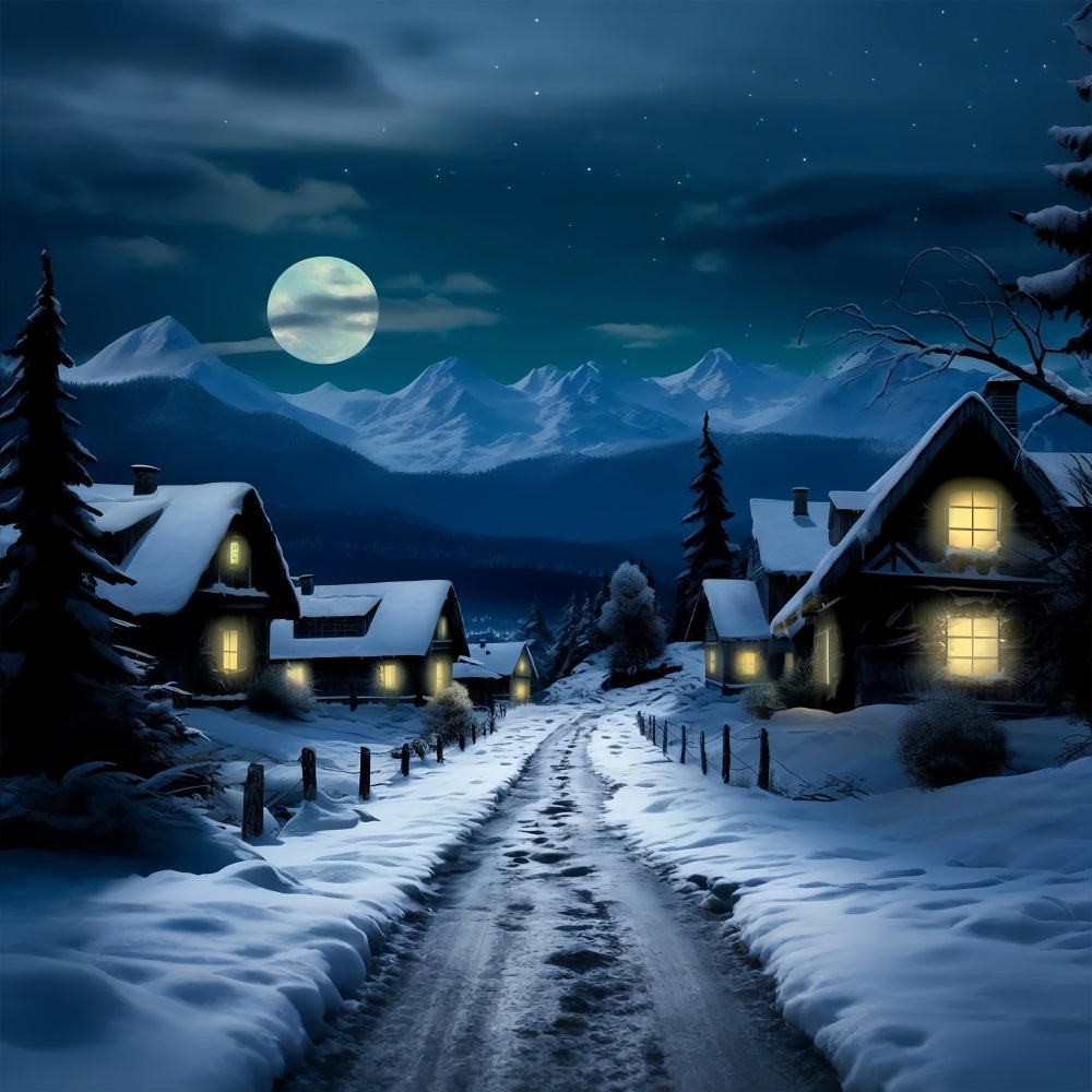 Winter Snow-Covered Village Full Moon Backdrop UK BRP10-38