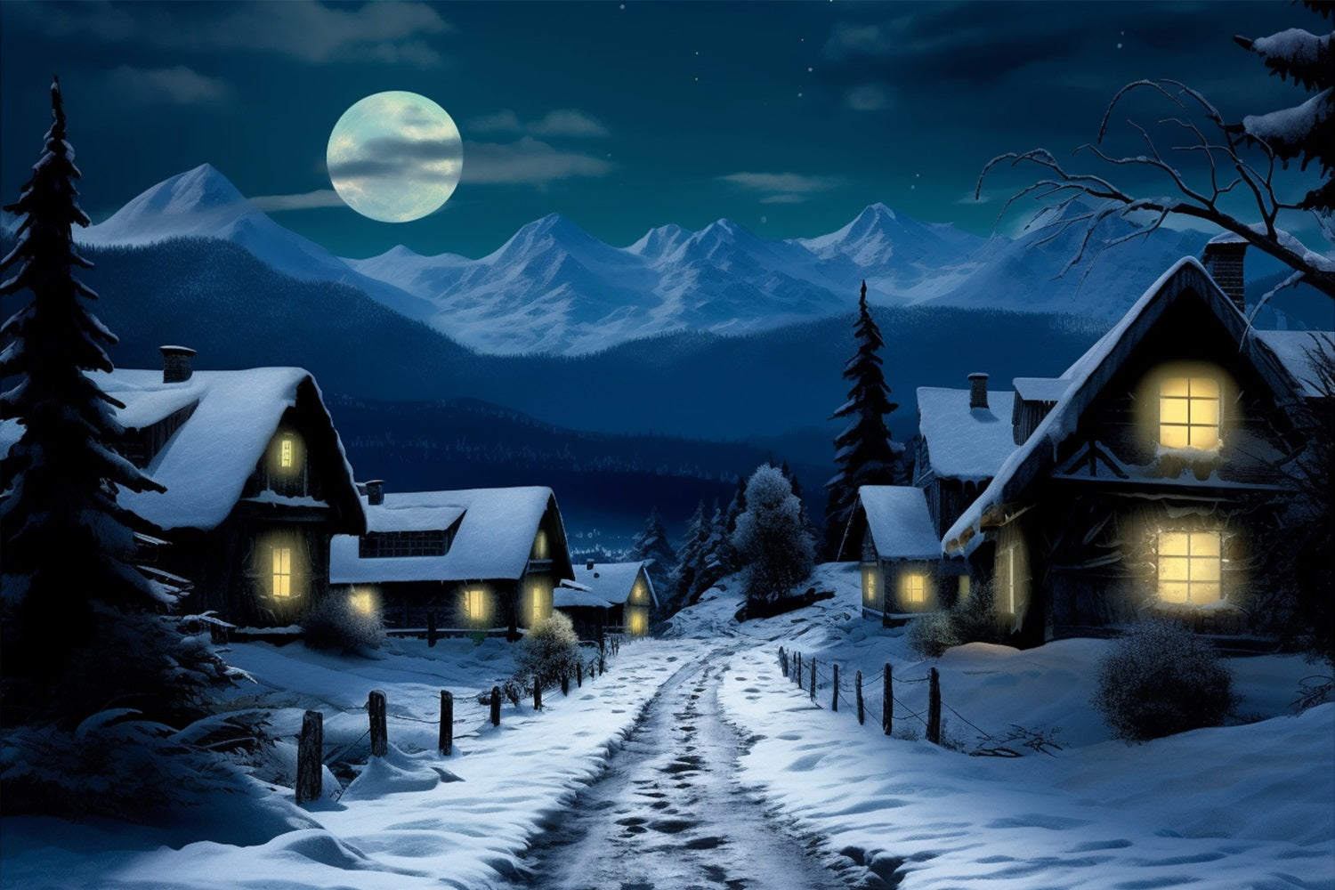 Winter Snow-Covered Village Full Moon Backdrop UK BRP10-38