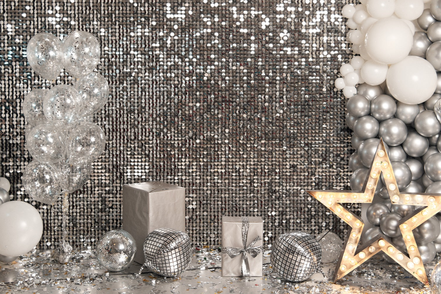 Backdrop Ideas Birthday Silver Sequin Gift Boxes Backdrop UK BRP10-383