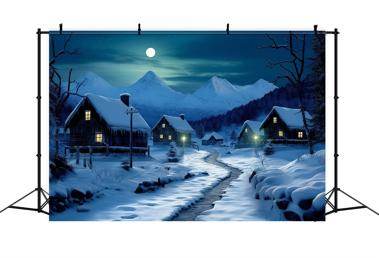 Winter Moonlit Road Cozy Snowy Cottages Backdrop UK BRP10-39