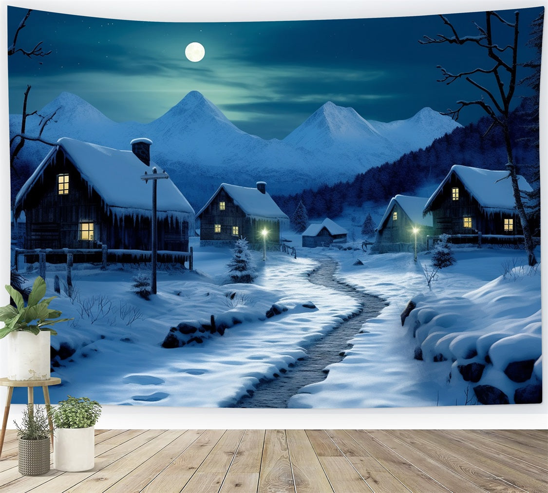 Winter Moonlit Road Cozy Snowy Cottages Backdrop UK BRP10-39