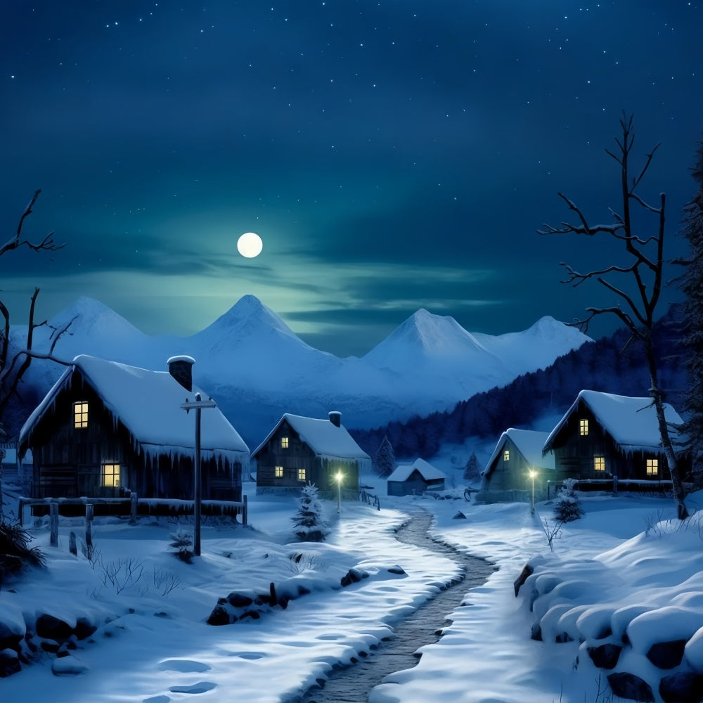 Winter Moonlit Road Cozy Snowy Cottages Backdrop UK BRP10-39