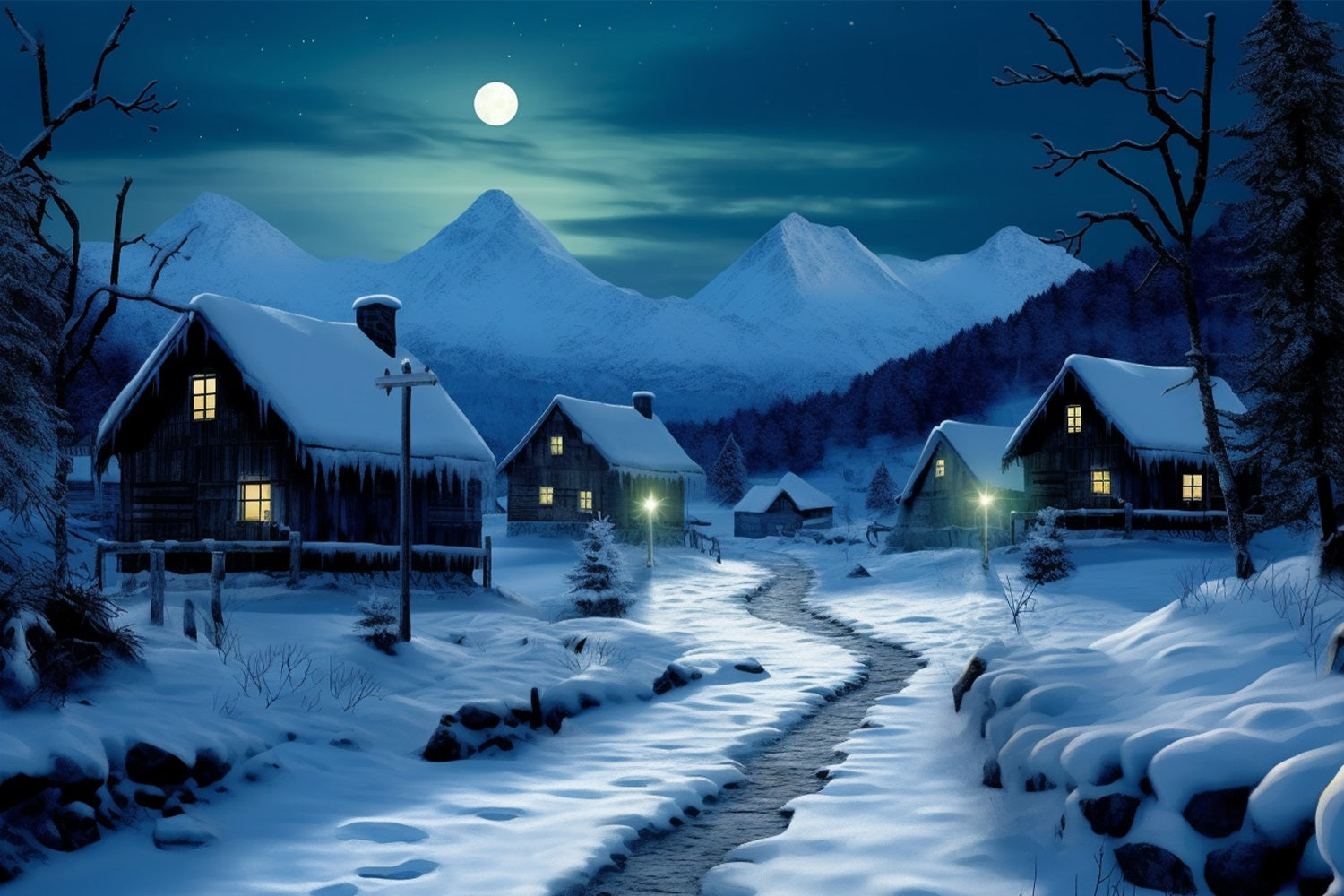 Winter Moonlit Road Cozy Snowy Cottages Backdrop UK BRP10-39