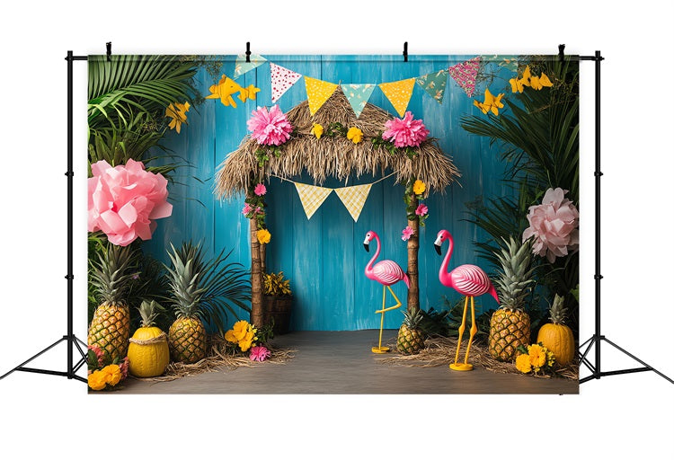 Birthday Backdrop Tiki Hut Flamingos Backdrop UK BRP10-399