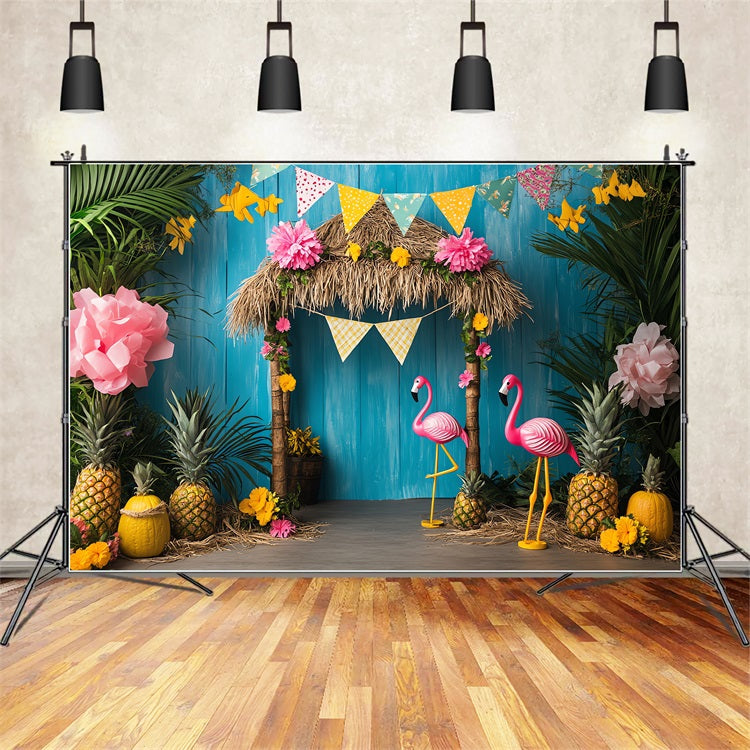 Birthday Backdrop Tiki Hut Flamingos Backdrop UK BRP10-399