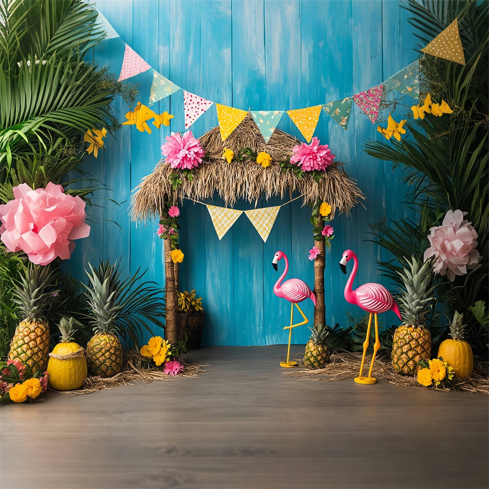 Birthday Backdrop Tiki Hut Flamingos Backdrop UK BRP10-399