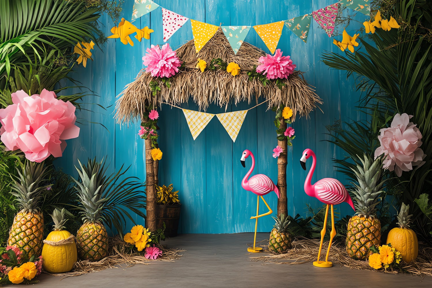 Birthday Backdrop Tiki Hut Flamingos Backdrop UK BRP10-399