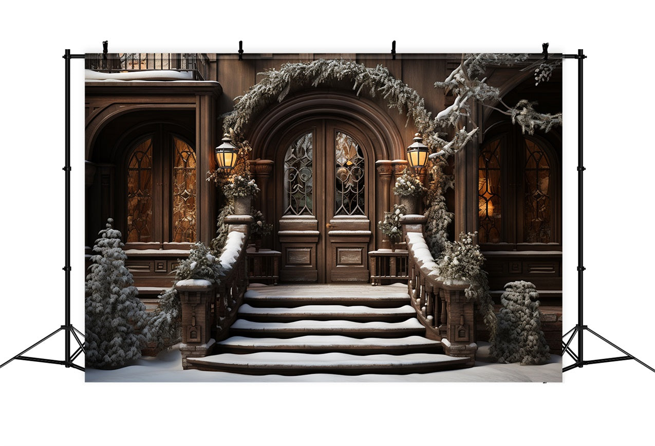 Winter Snow-Covered Steps Leading Elegant Door Backdrop UK BRP10-4