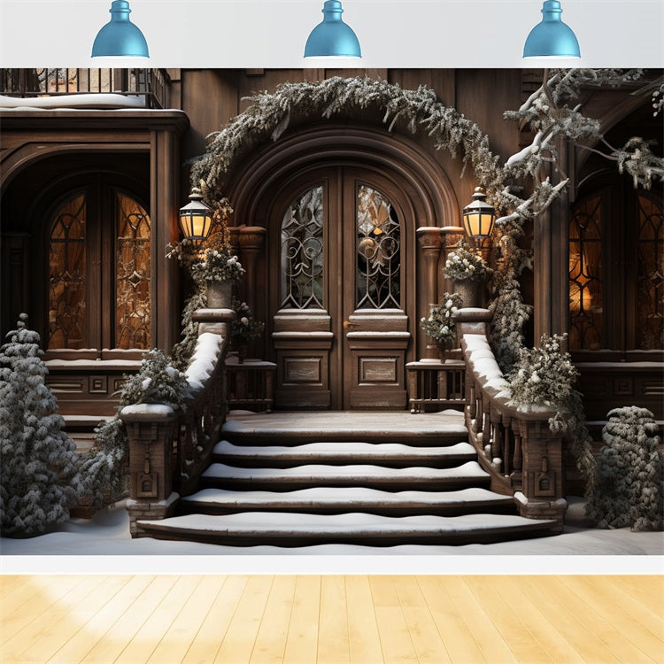 Winter Snow-Covered Steps Leading Elegant Door Backdrop UK BRP10-4