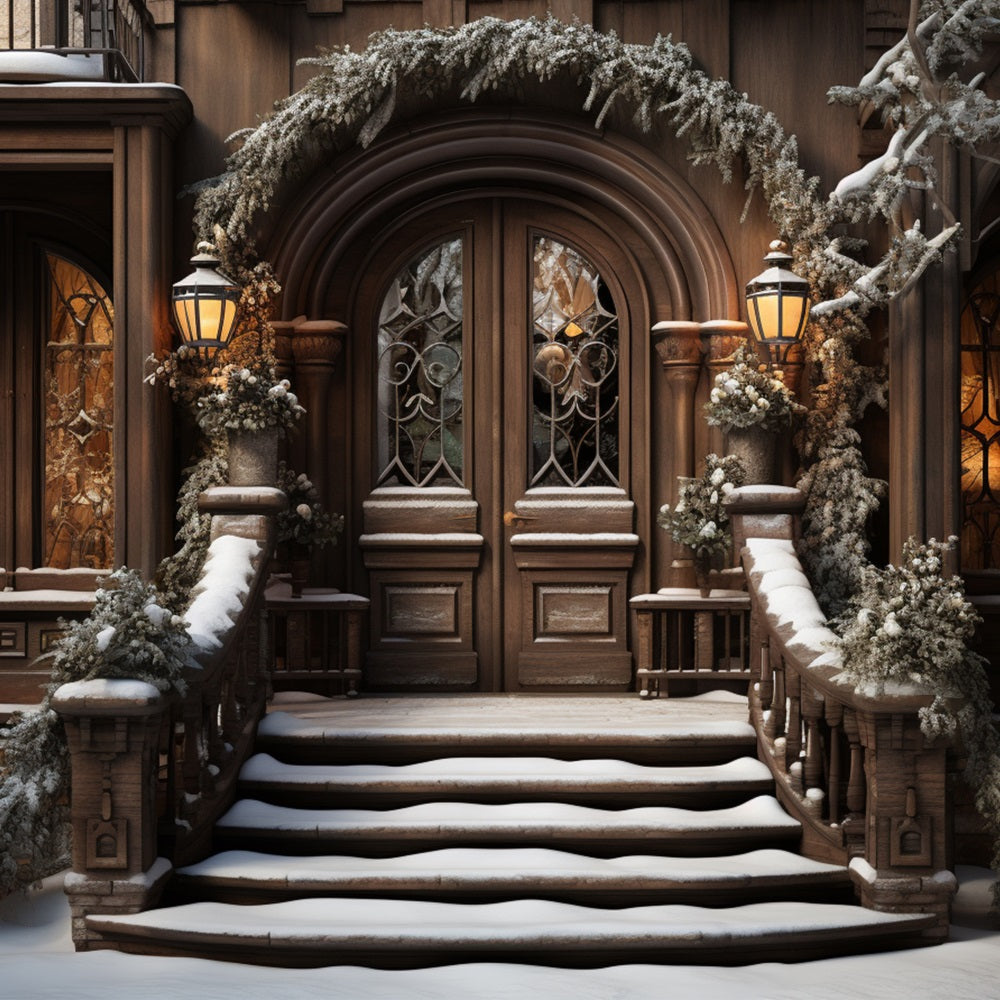 Winter Snow-Covered Steps Leading Elegant Door Backdrop UK BRP10-4