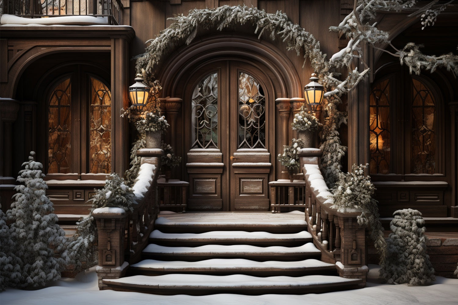 Winter Snow-Covered Steps Leading Elegant Door Backdrop UK BRP10-4