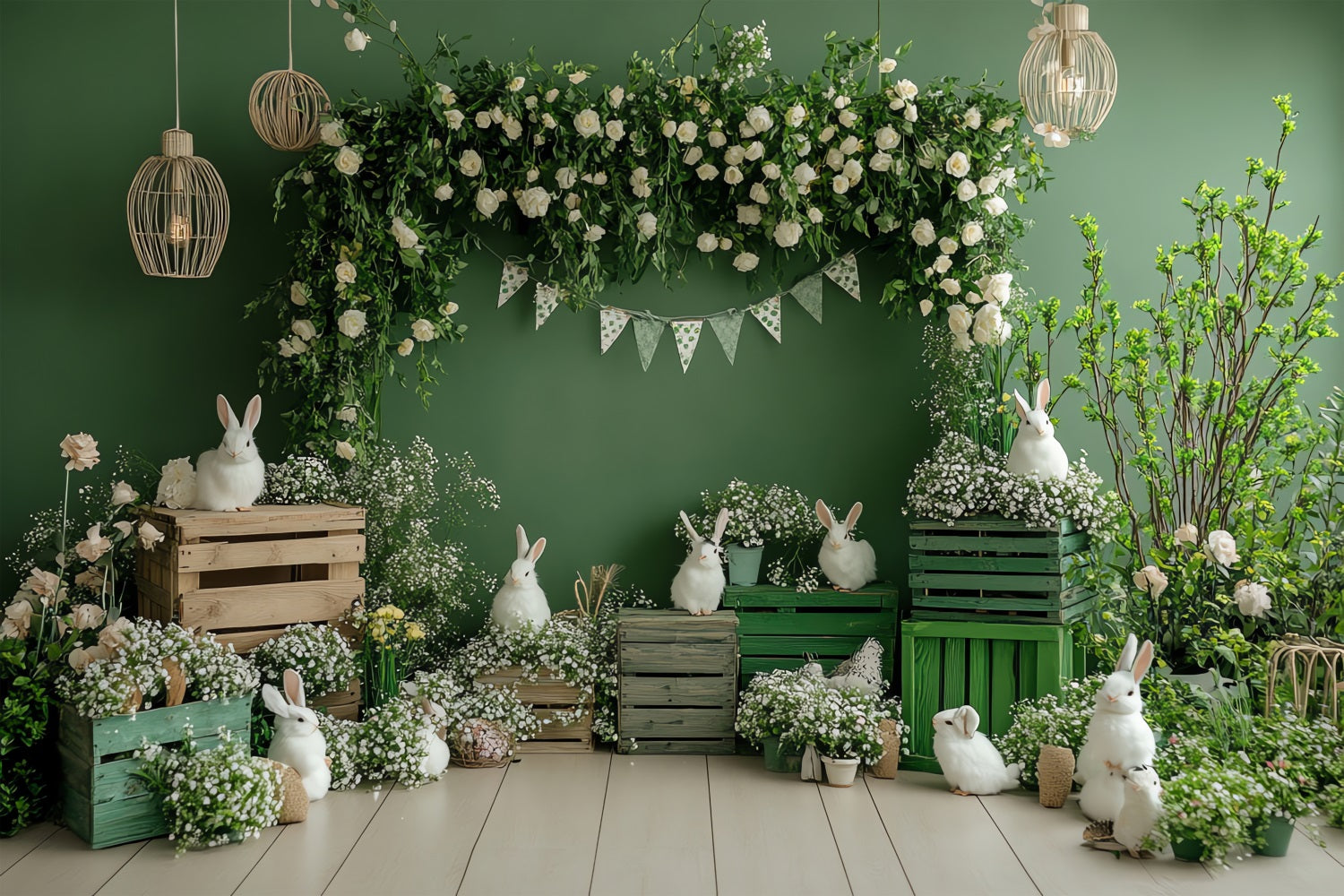 Birthday Photo Backdrops Greenery Garden Rabbits Crate Backdrop UK BRP10-400