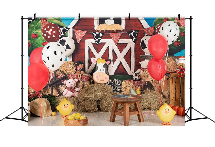 Birthday Photography Backdrops Cow Balloons Barnyard Animals Backdrop UK BRP10-401