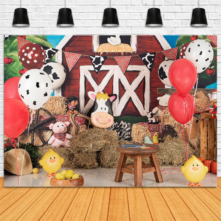 Birthday Photography Backdrops Cow Balloons Barnyard Animals Backdrop UK BRP10-401