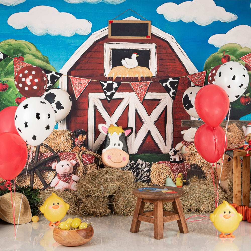 Birthday Photography Backdrops Cow Balloons Barnyard Animals Backdrop UK BRP10-401