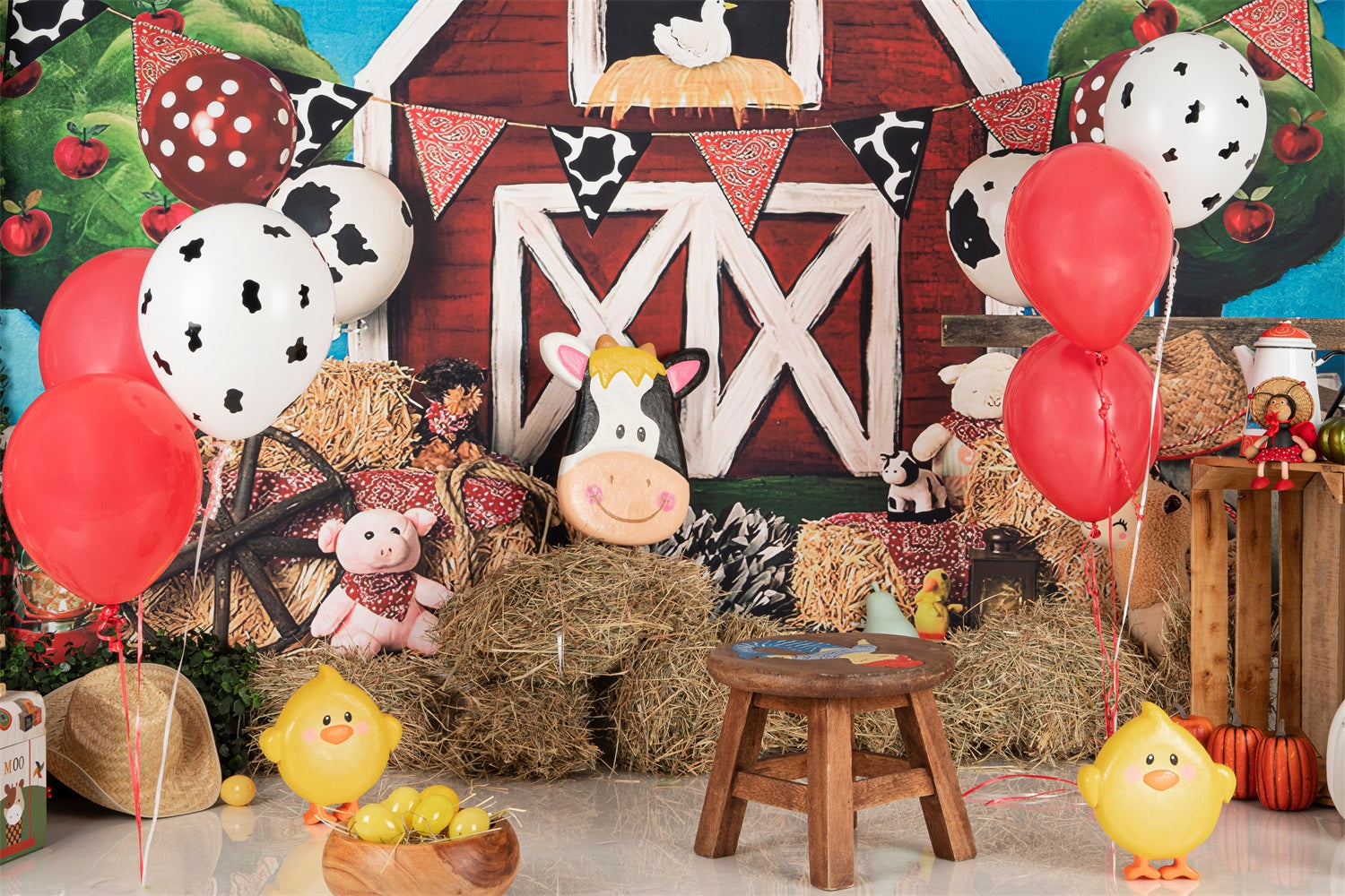 Birthday Photography Backdrops Cow Balloons Barnyard Animals Backdrop UK BRP10-401