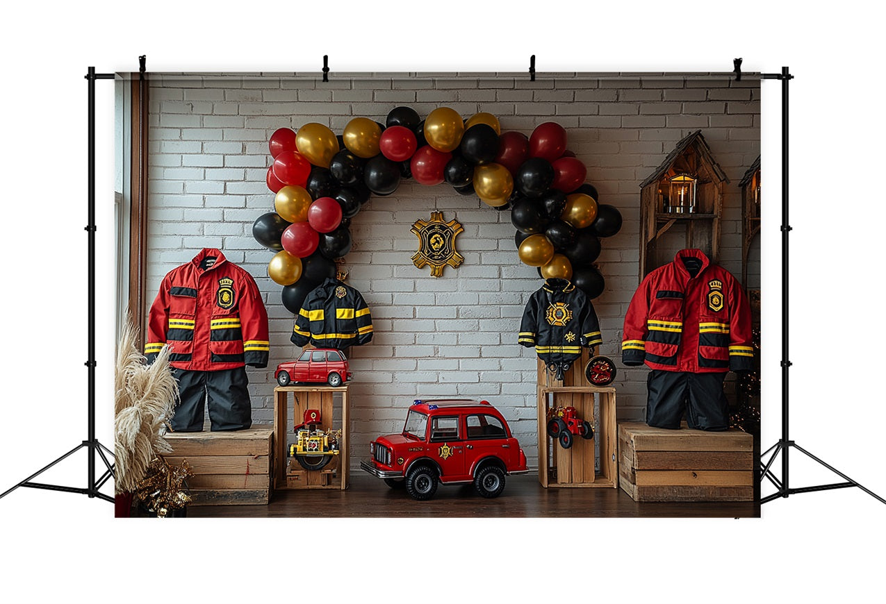 Birthday Party Background Fireman Uniforms Balloons Truck Backdrop UK BRP10-403