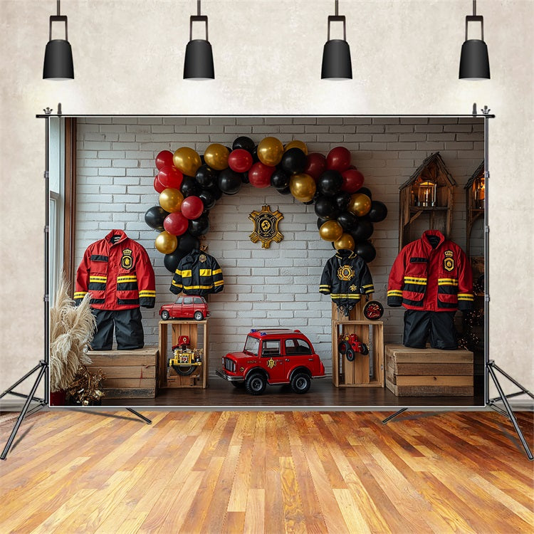 Birthday Party Background Fireman Uniforms Balloons Truck Backdrop UK BRP10-403