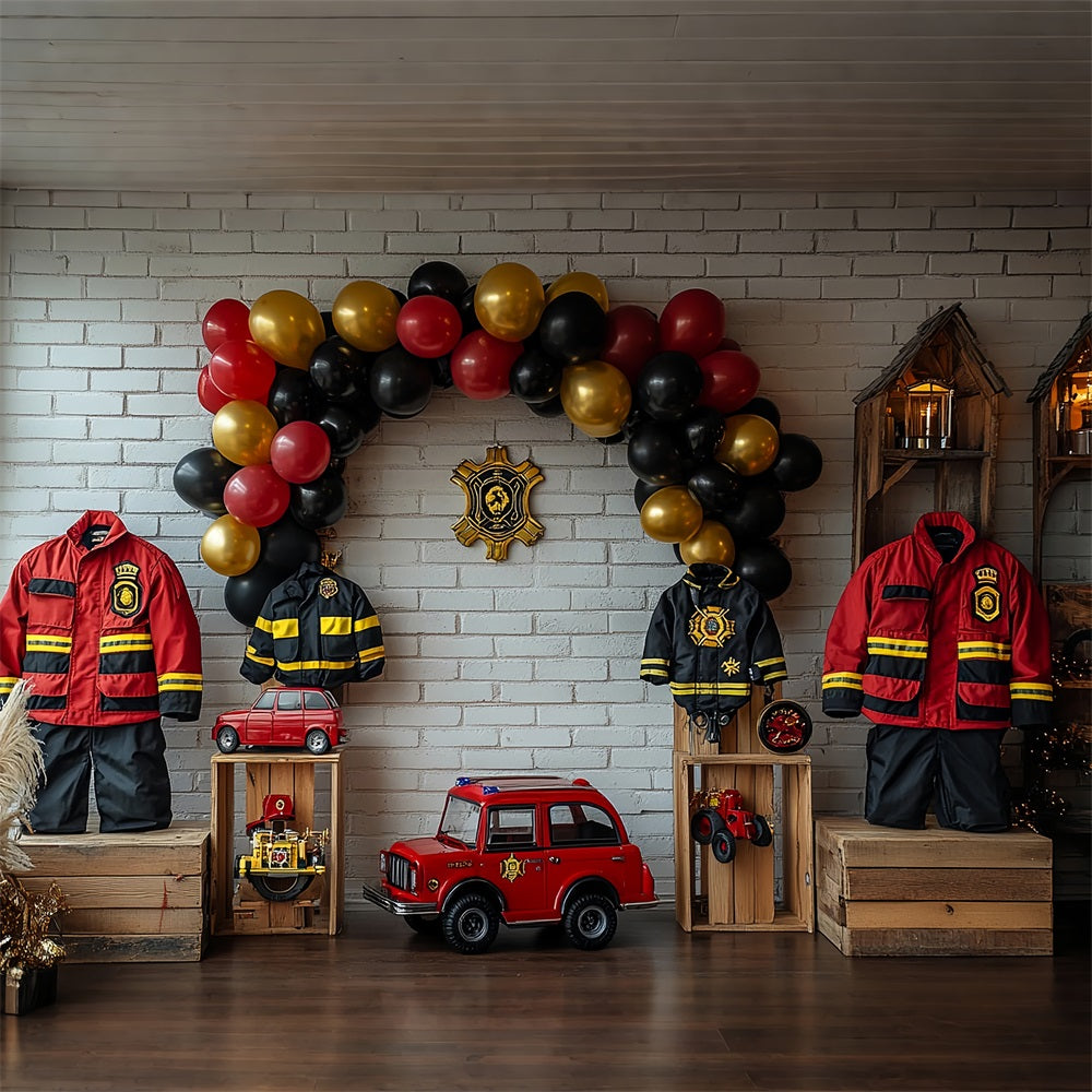 Birthday Party Background Fireman Uniforms Balloons Truck Backdrop UK BRP10-403