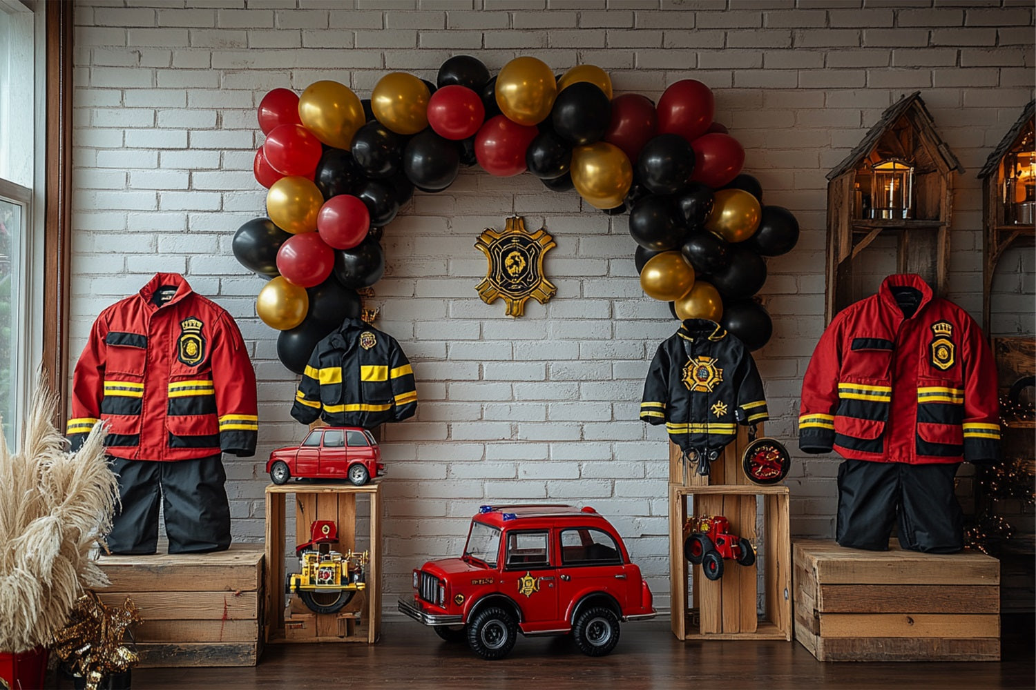 Birthday Party Background Fireman Uniforms Balloons Truck Backdrop UK BRP10-403