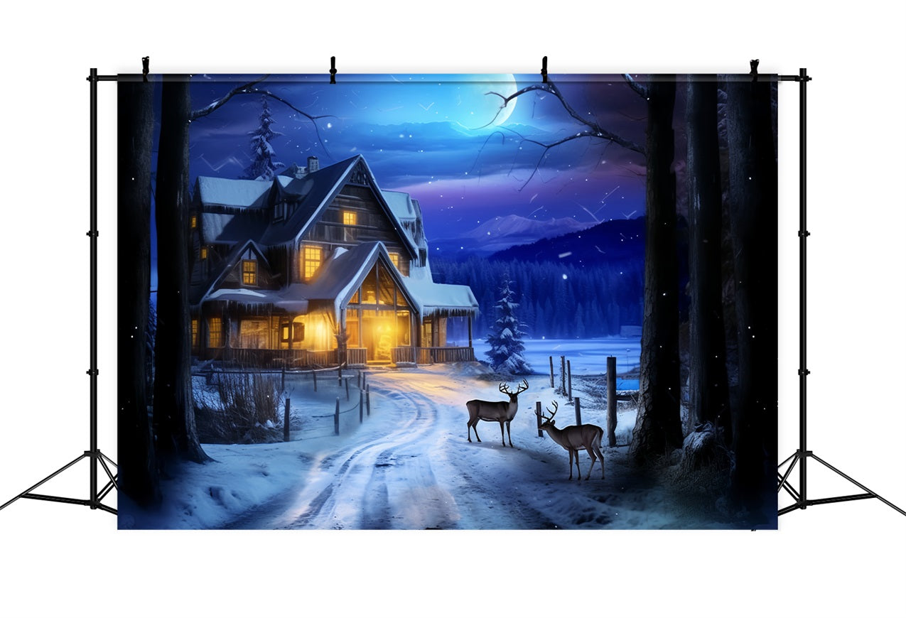 Winter Night Cabin Deer Under Moonlight Backdrop UK BRP10-41