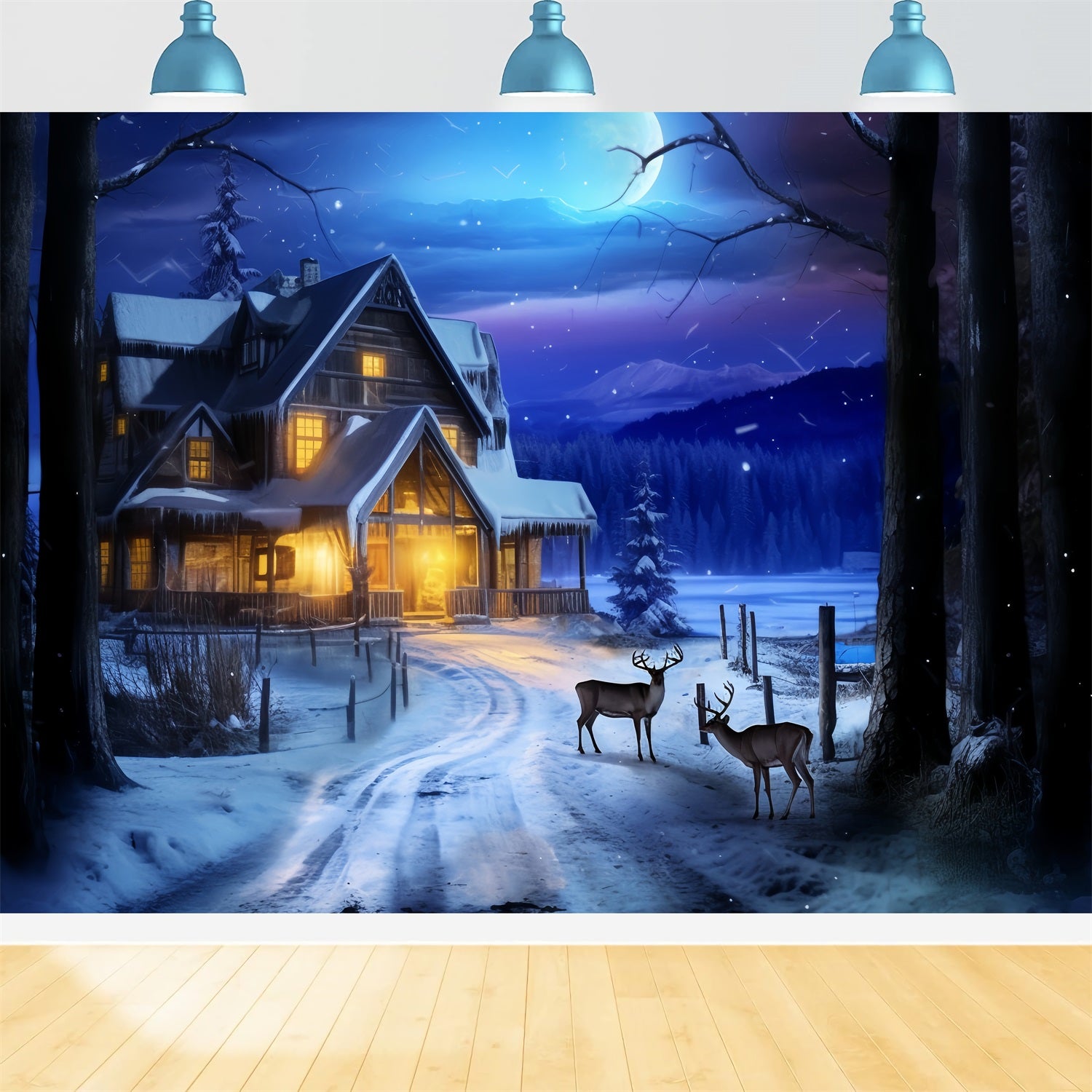 Winter Night Cabin Deer Under Moonlight Backdrop UK BRP10-41