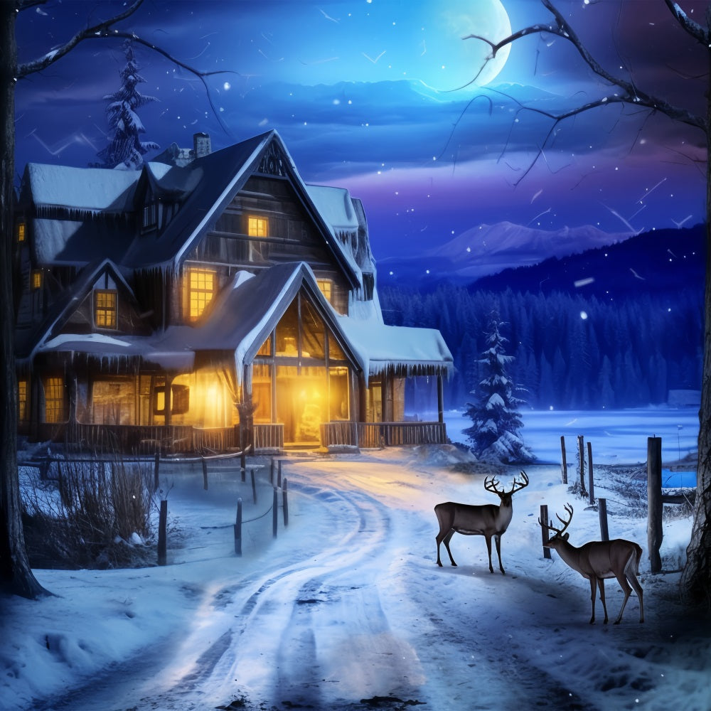 Winter Night Cabin Deer Under Moonlight Backdrop UK BRP10-41