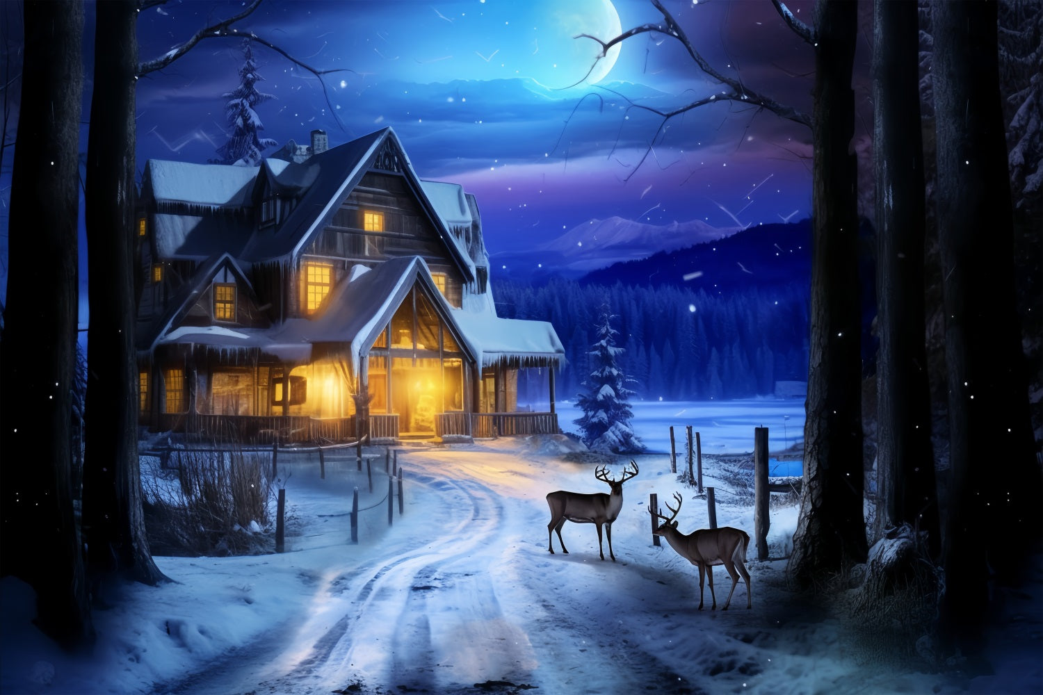 Winter Night Cabin Deer Under Moonlight Backdrop UK BRP10-41