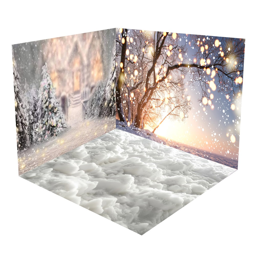 Winter Snowy Cottage Lights Backdrop Room Set UK BRP10-411