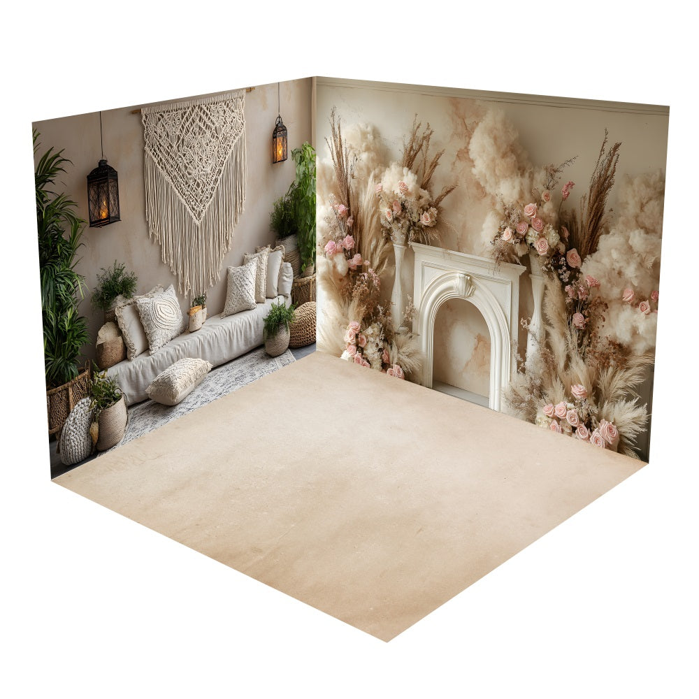 Bohemian Macramé Fireplace Floral Backdrop Room Set UK BRP10-423