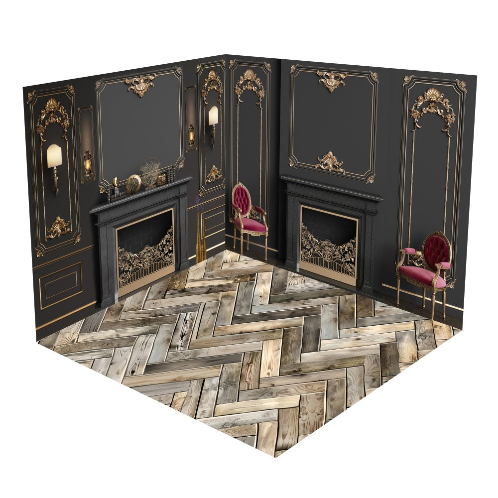 Retro Black Gold Wall Fireplace Backdrop Room Set UK BRP10-427