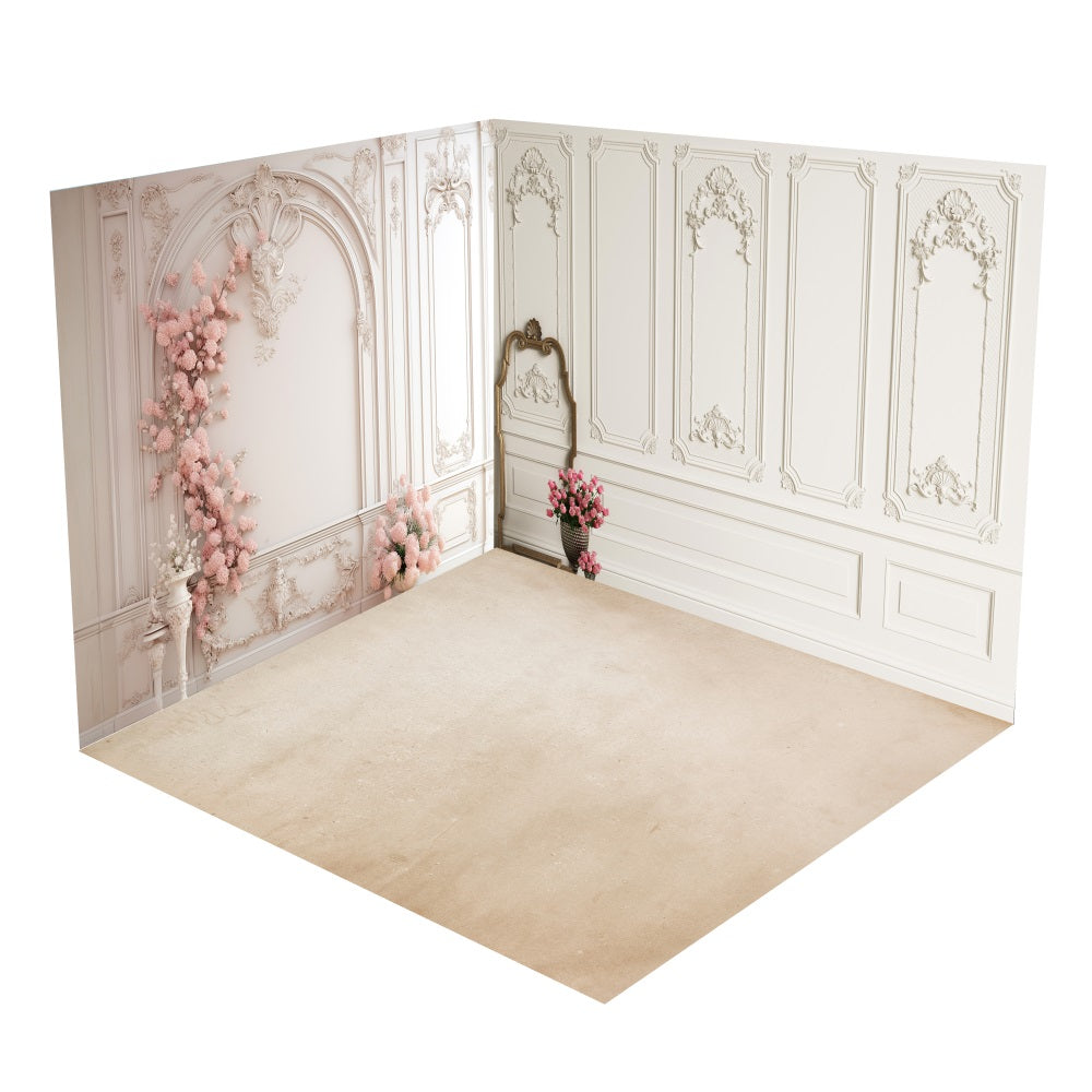 Retro White Wall Pink Blossoms Backdrop Room Set UK BRP10-431